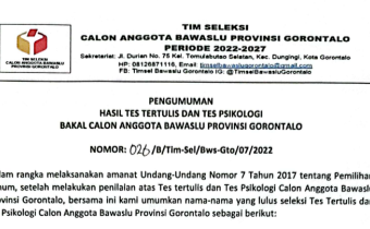 PENGUMUMAN HASIL TES TERTULIS DAN PSIKOLOGI CALON ANGGOTA BAWASLU PROVINSI GORONTALO PERIODE 2022 - 2027