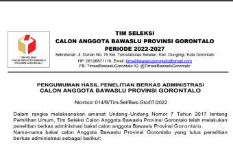 PENGUMUMAN HASIL SELEKSI ADMINISTRASI CALON ANGGOTA BAWASLU PROVINSI GORONTALO PERIODE 2022 - 2027