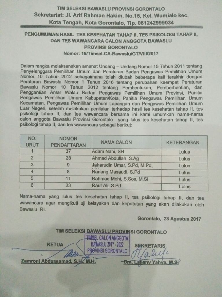 SELESAIKAN PLENO, TIMSEL AKAN LAPORKAN HASIL SELEKSI CALON ANGGOTA BAWASLU PROVINSI GORONTALO
