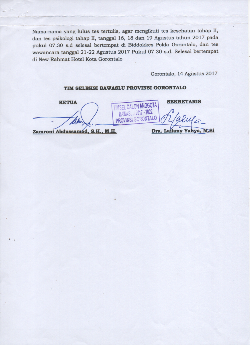 Tim Seleksi "Umumkan" 12 Calon Anggota Bawaslu Provinsi Gorontalo