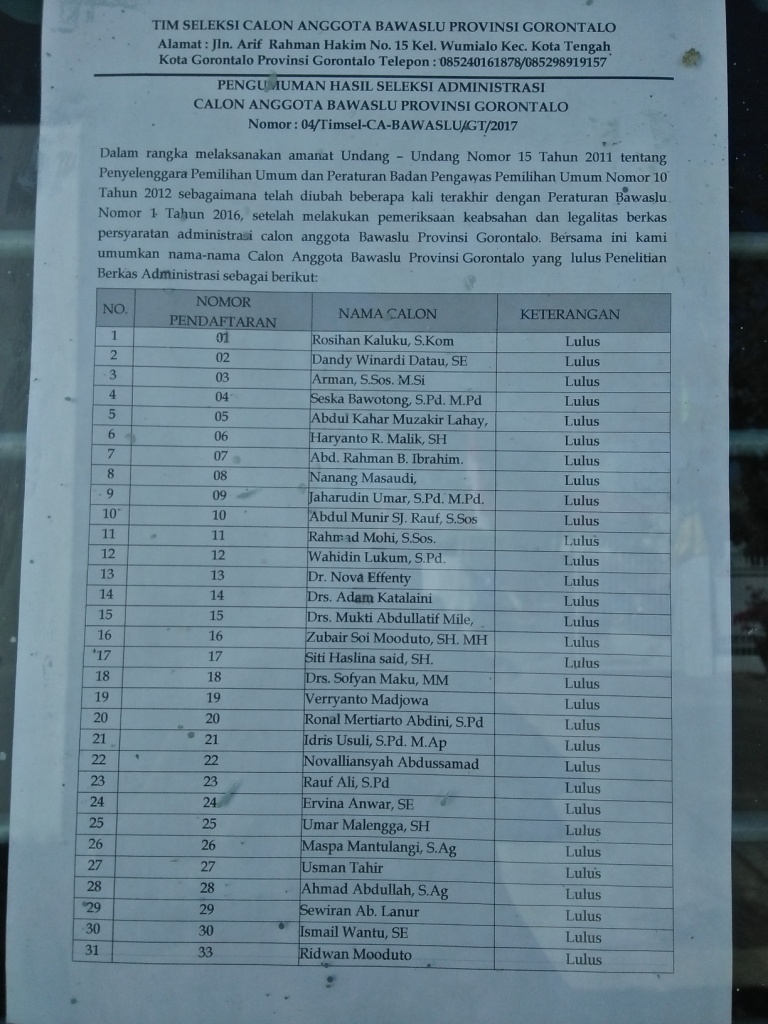 Timsel Umumkan Calon Anggota Bawaslu Provinsi Gorontalo