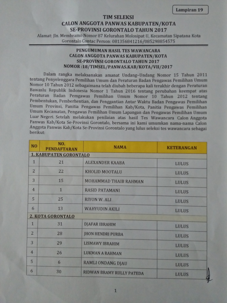 Timsel Calon Anggota Panwas Kabupaten Kota Prov. Gorontalo Umumkan Hasil Pelaksanaan Ujian Wawancara