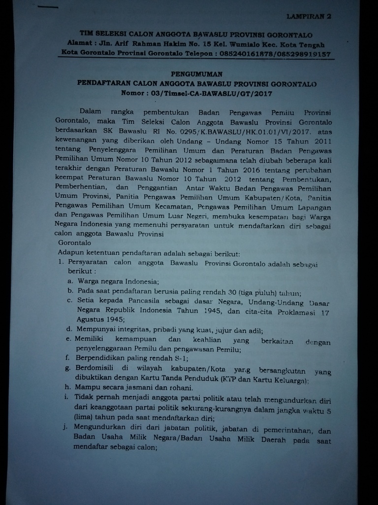 Timsel Buka Pendaftaran Calon Anggota Bawaslu Provinsi Gorontalo Periode 2017-2022 mulai tanggal 22 sd 29 Juli 2017