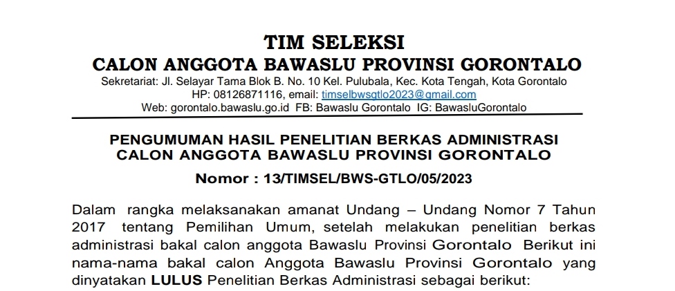 PENGUMUMAN HASIL PENELITIAN BERKAS ADMINISTRASI CALON ANGGOTA BAWASLU PROVINSI GORONTALO