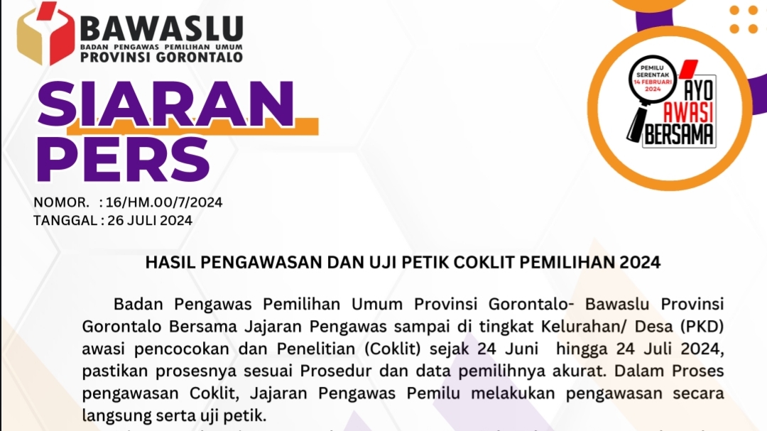RILIS MEDIA HASIL PENGAWASAN DAN UJI PETIK COKLIT PEMILIHAN 2024