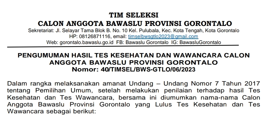 PENGUMUMAN HASIL TES KESEHATAN DAN WAWANCARA CALON ANGGOTA BAWASLU PROVINSI GORONTALO