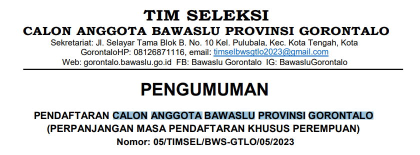 PENGUMUMAN PERPANJANGAN MASA PENDAFTARAN KHUSUS PEREMPUAN CALON ANGGOTA BAWASLU PROVINSI GORONTALO