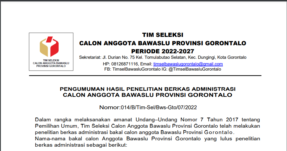 PENGUMUMAN HASIL SELEKSI ADMINISTRASI CALON ANGGOTA BAWASLU PROVINSI GORONTALO PERIODE 2022 - 2027